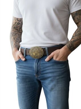 Stamp 10 Authentic Vintage belt & buckle genuine maroon brown leather medium